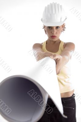female with architect helmet and blue prints