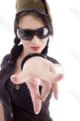 pretty young female pointing at camera