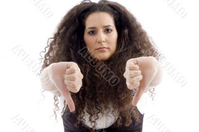 beautiful woman showing thumbs down