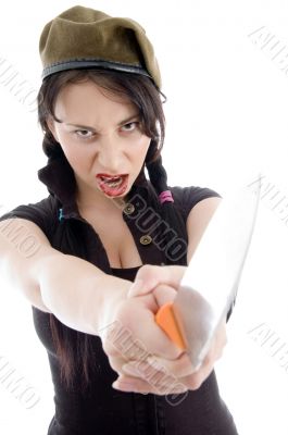 pretty young female holding knife