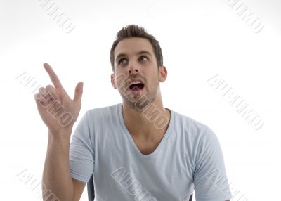 young man pointing up