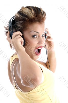 back pose of woman with headphone