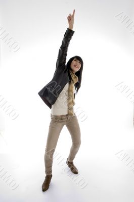 woman pointing upwards