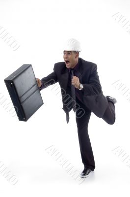 architect with leather bag in running motion