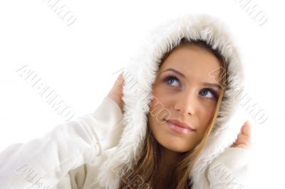beautiful female posing in hood jacket