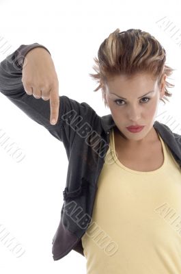 young female pointing down