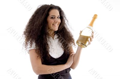 young woman holding wine bottle