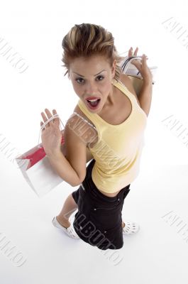 high angle view of sexy woman with shopping bag