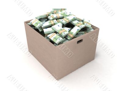 euro bundles of bills in a box