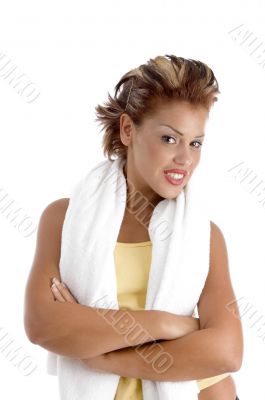 smiling female with folded hands