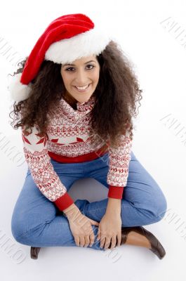 high angle view of young woman with christmas hat