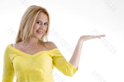 smiling woman with open palm