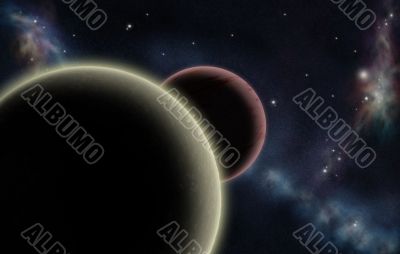 Digital created starfield with cosmic Nebula and two planets