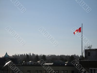 canadian flag in the blue sky