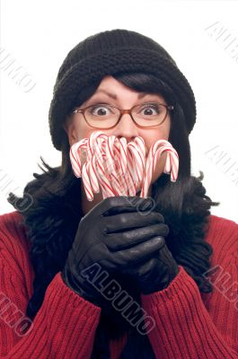 Attractive Woman Holds Candy Canes