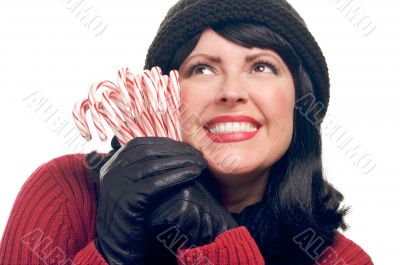 Attractive Woman Holds Candy Canes