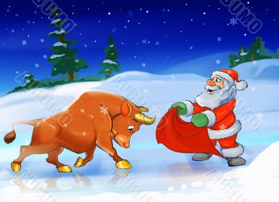 Santa Claus with a bull