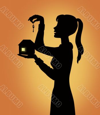 girl silhouette with house