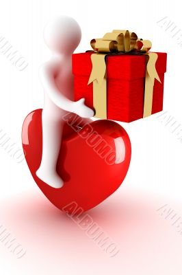 men astride heart with a gift. Isolated 3D image.