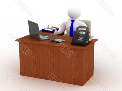 businessman behind a desktop. Isolated 3D image.