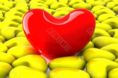 Red heart among the yellow. 3D image.