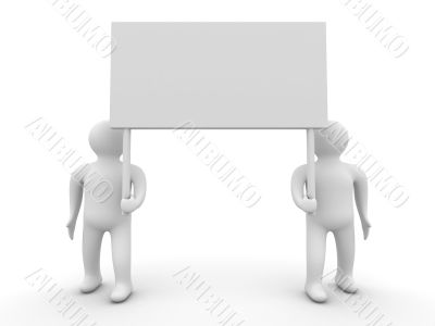 Two persons hold a banner on white background. 3D image