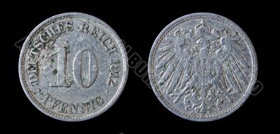 Antique german coin of 10 pfennig. 1912.