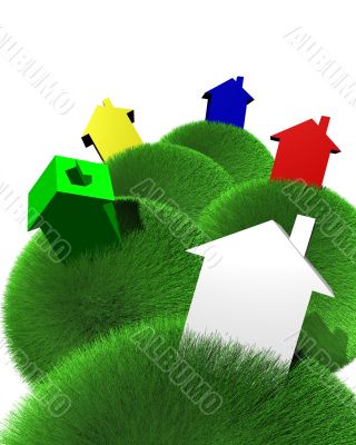 houses and sphere of grass