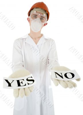 Scientist with posters yes and no