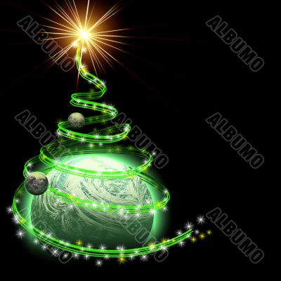 planet with abstract christmas tree spiral