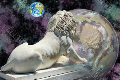 lion statue looking at earth