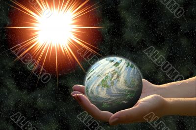 earth-formed planet in woman hands