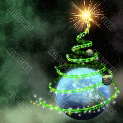 earth with abstract christmas tree spiral