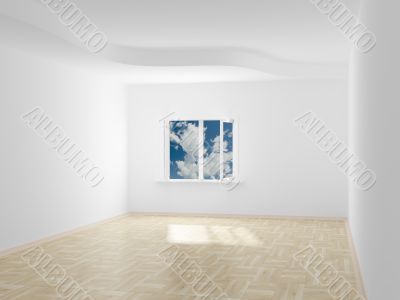 Empty room. Cloudscape behind the open window. 3D image