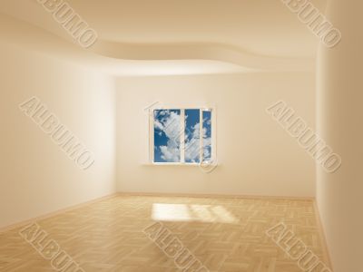 Empty room. Cloudscape behind the open window. 3D image