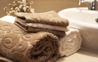Stack of colorful towels in the bathroom