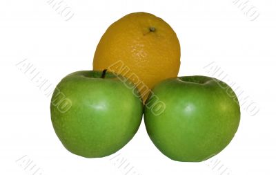 green apples and orange isolated over white