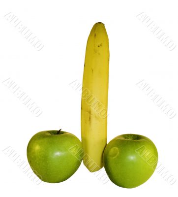 yellow banana with two grenn apples