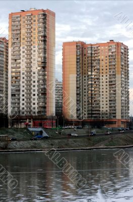 The houses with reflection in winter