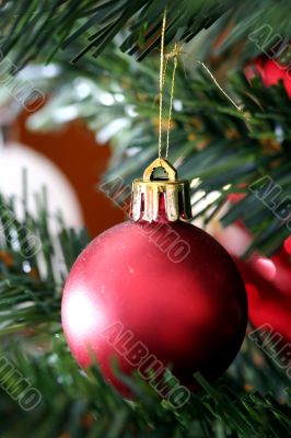 Christmas ornaments on tree.