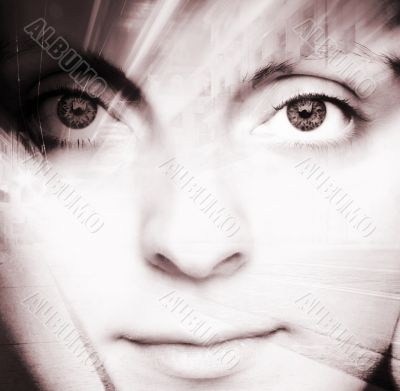 Close-up of a beautiful girl`s face with INCREDIBLE yellow eyes