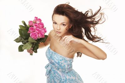 brunette with pink roses