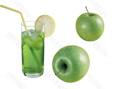 Green apples and  cup of juice