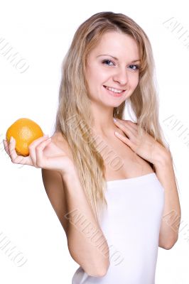 woman holding the orange