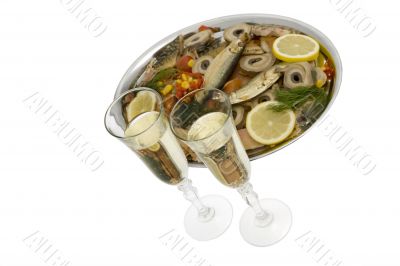 Champagne with fish plate, ash wednesday and Sylvester