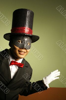 Smiling performer in mask