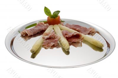 asparagus with parma hams on silver tray