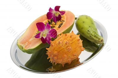 Papaya, prickly pear, Kiwano, Orchid
