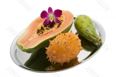 Papaya, prickly pear, Kiwano, Orchid