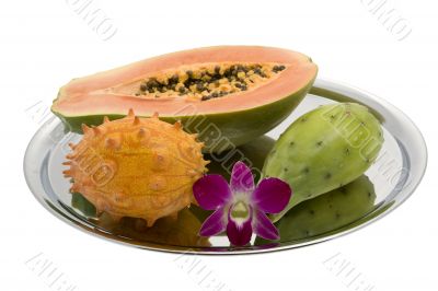 Papaya, prickly pear, Kiwano, Orchid